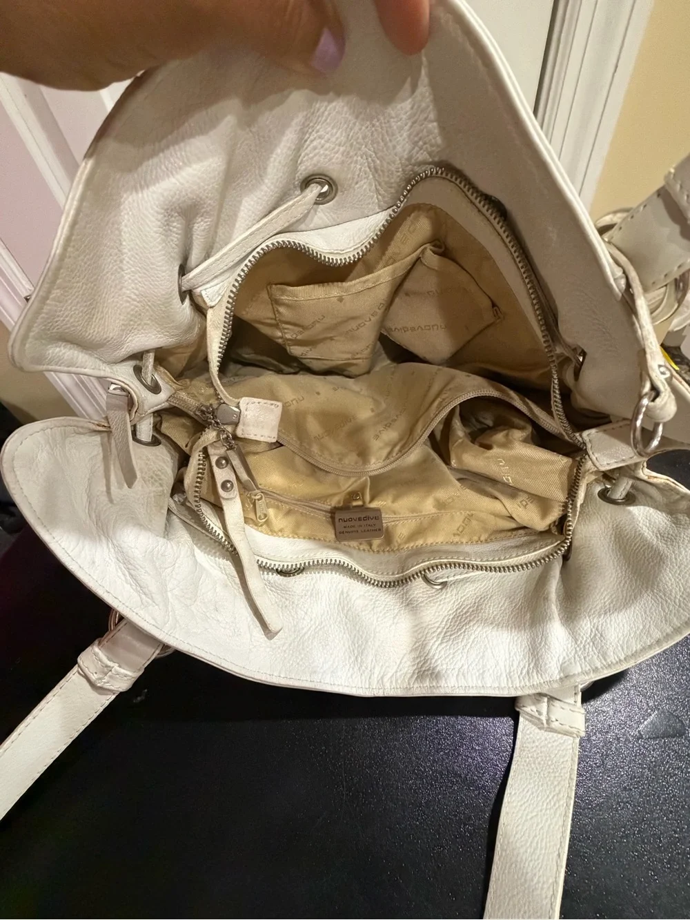 White Leather Drawstring Shoulder Bag